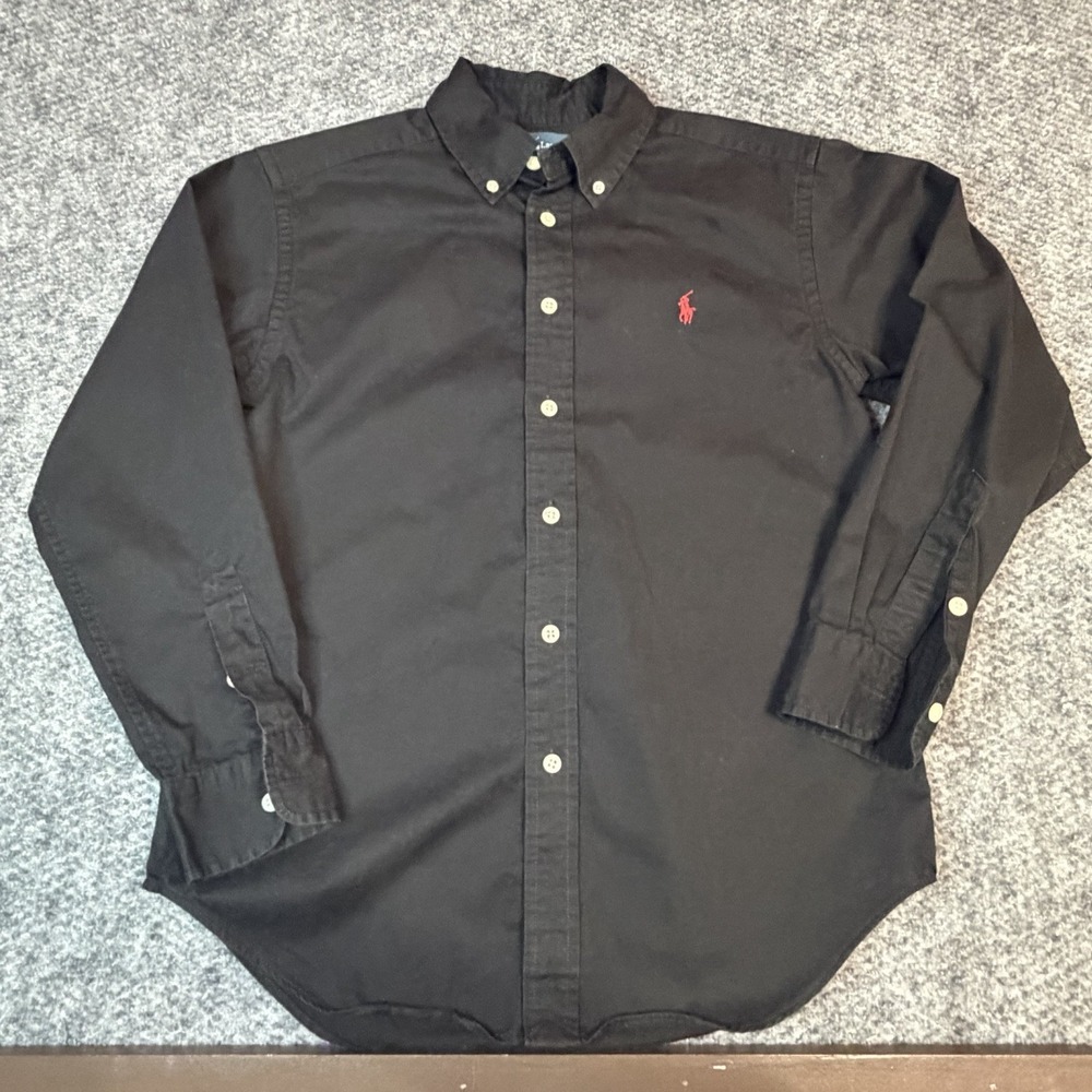Polo Ralph Lauren Shirt Boys Medium Black Solid Button Down Red Pony Logo